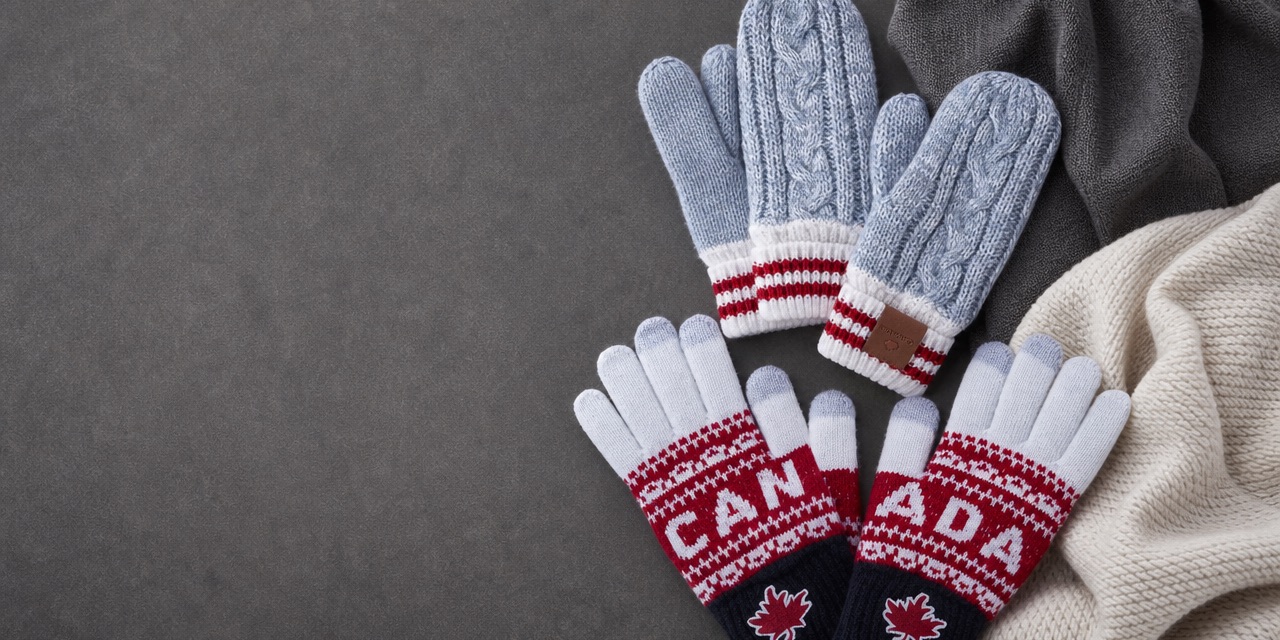 Canada knit mittens and gloves laid out on a grey surface