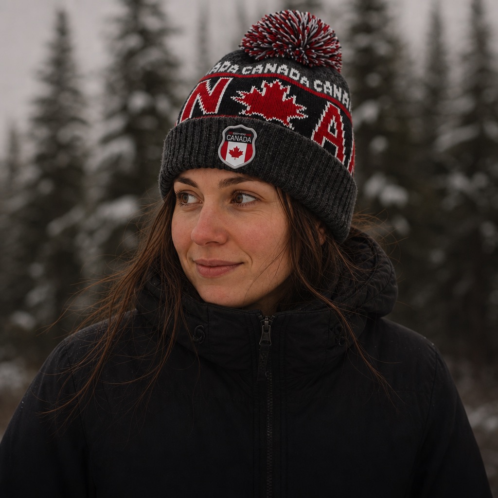 Woman outdoors in a charcoal and red Canada pom beanie