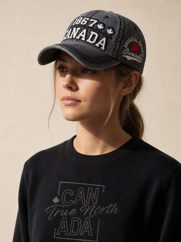 Washed black baseball cap with white 1867 Canada embroidery and a red maple leaf crest
